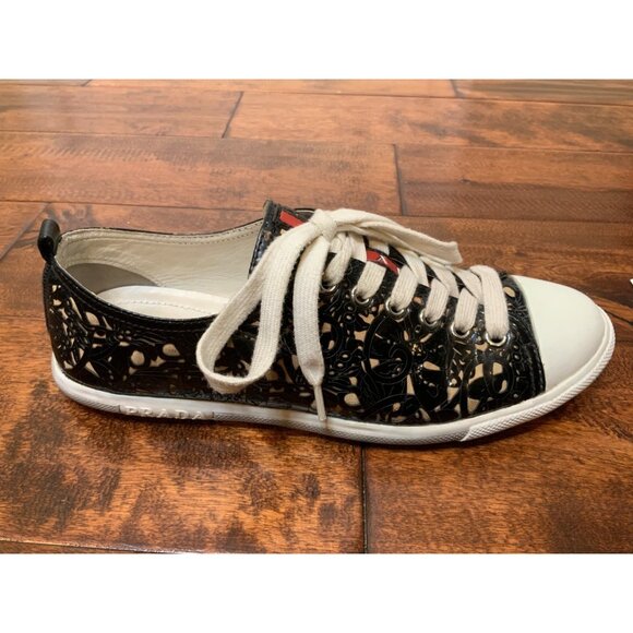 PRADA Black Floral Laser Cut Patent Leather Sneakers, Size 7 | 37 - Picture 9 of 11